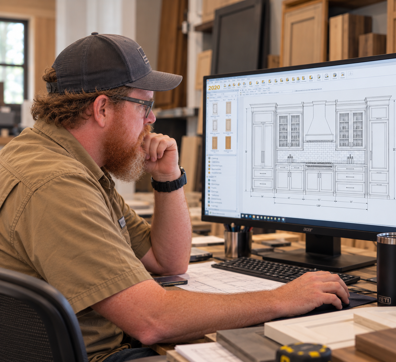 Alpha Construction craftsman designing a kitchen layout in 2020 design software