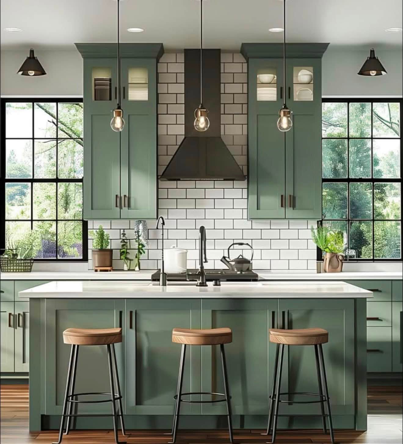 Sage green island kitchen built by Alpha Construction