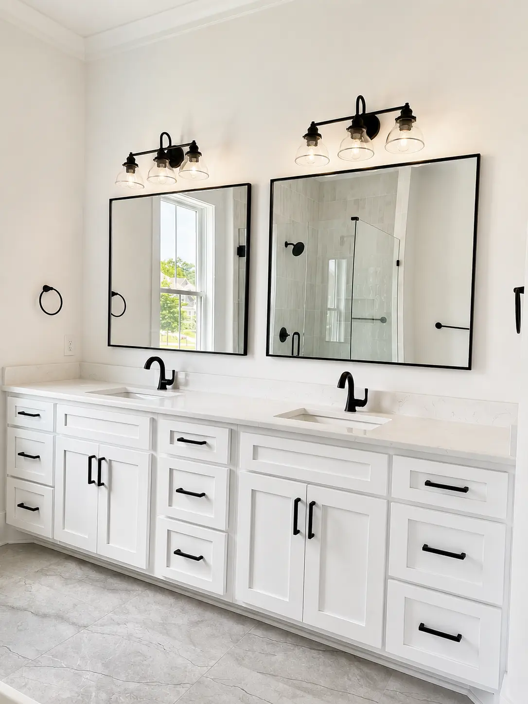 White shaker double vanity with matte black hardware